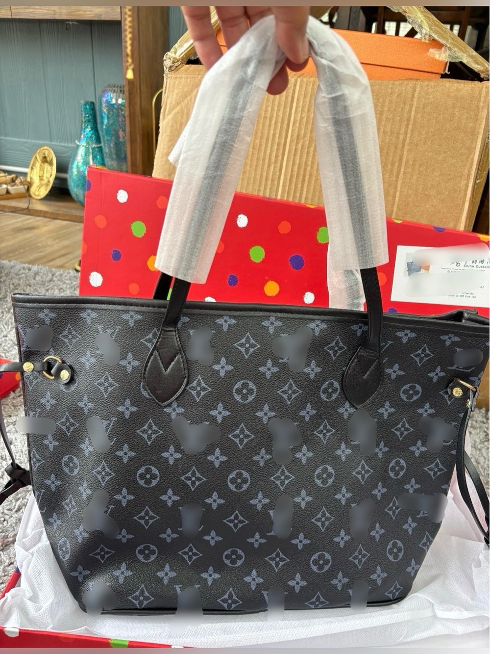 Black Monogram-Pattern Tote Bag with Leather Handles